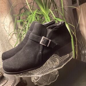 Women's Black Suede Ankle Booties with Decorative Buckle